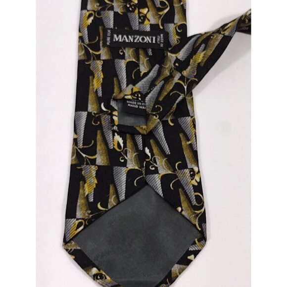 Manzoni Mens Necktie Silk Black Gray Gold Tie Handmade in Italy - Picture 4 of 8